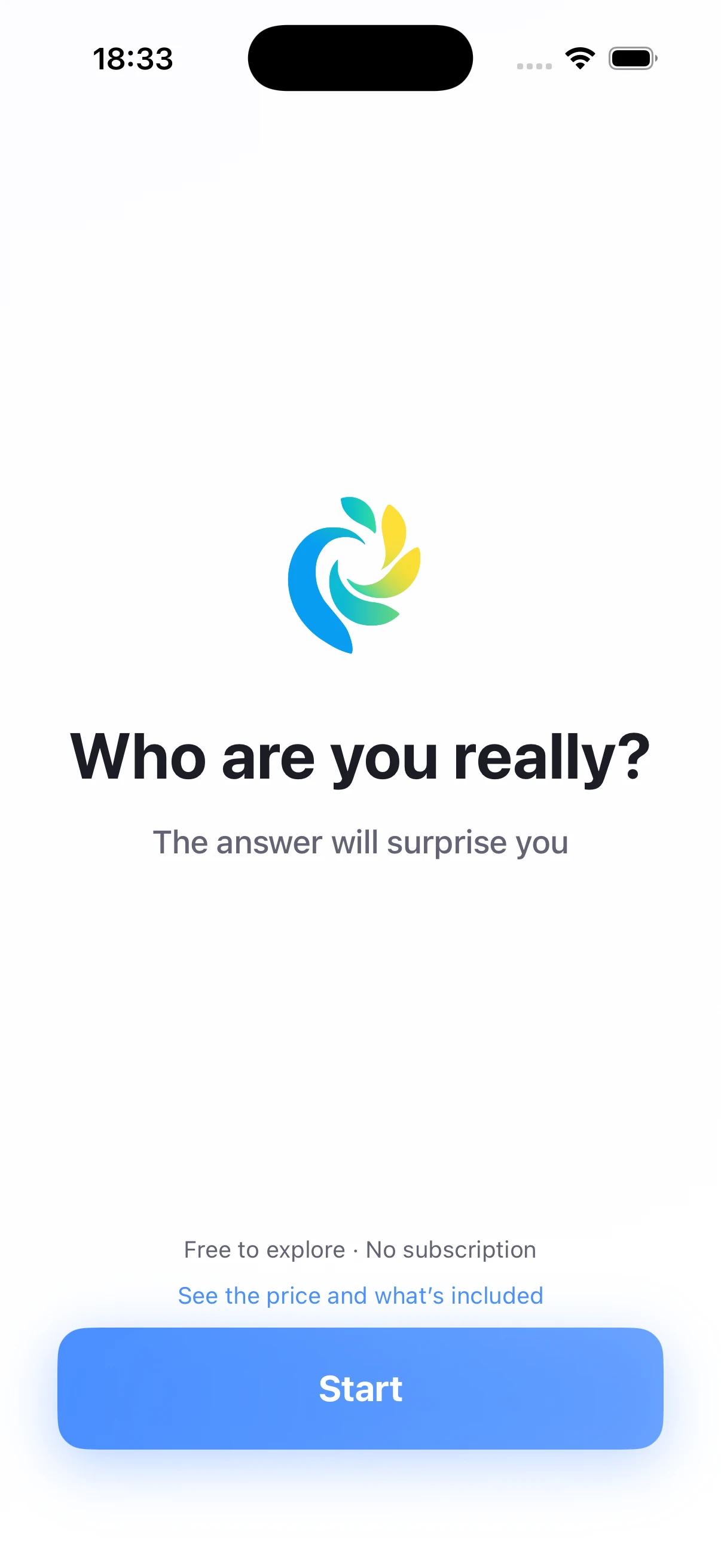 Nelby’s iPhone welcome screen: Who are you really? Get started button.